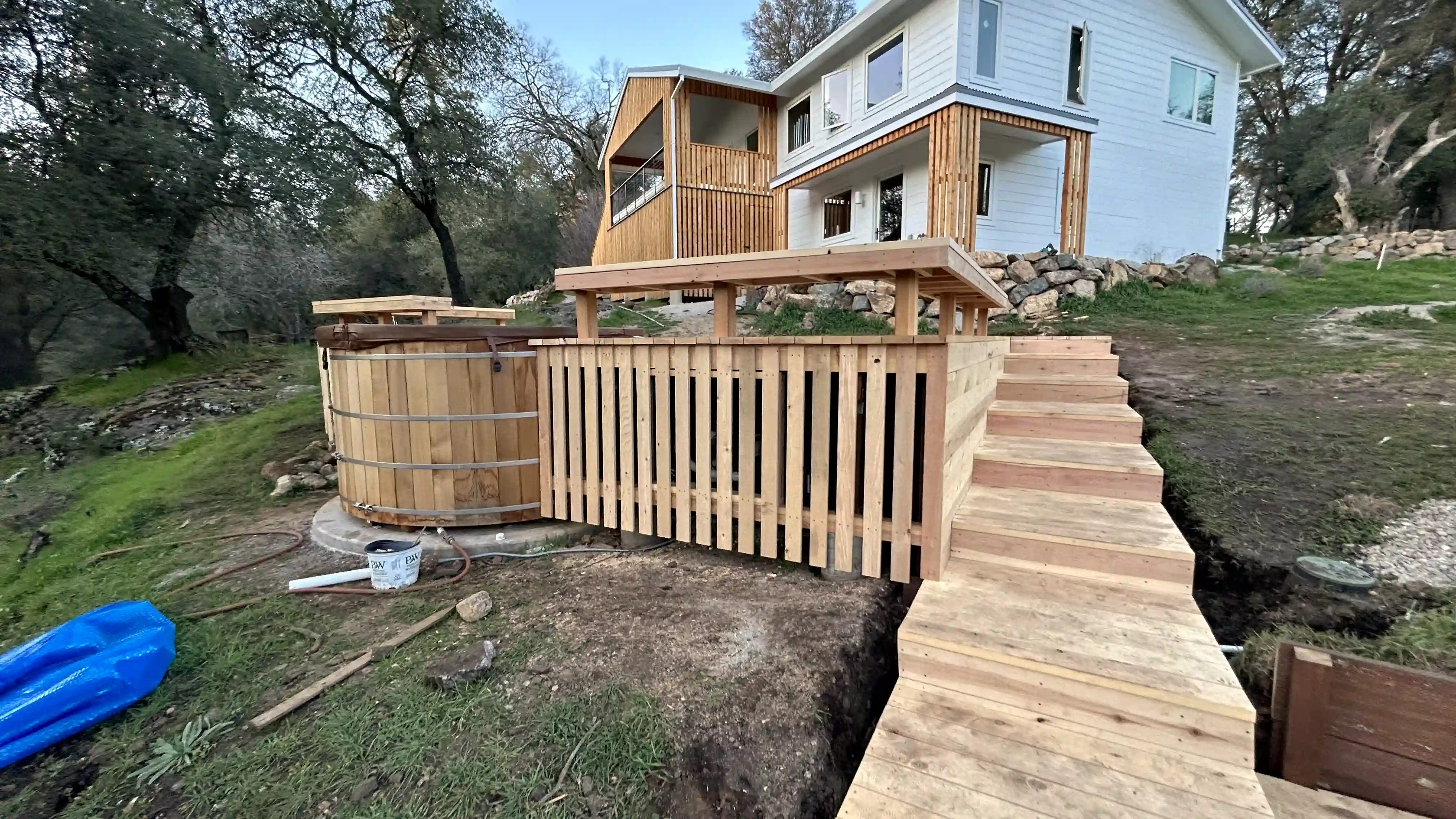 Multi-level deck on slope.